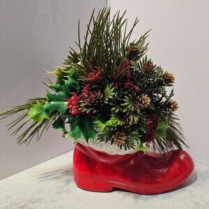 Ceramic Red Boot Christmas Planter With Faux Greenery Pinecones Festive Holiday